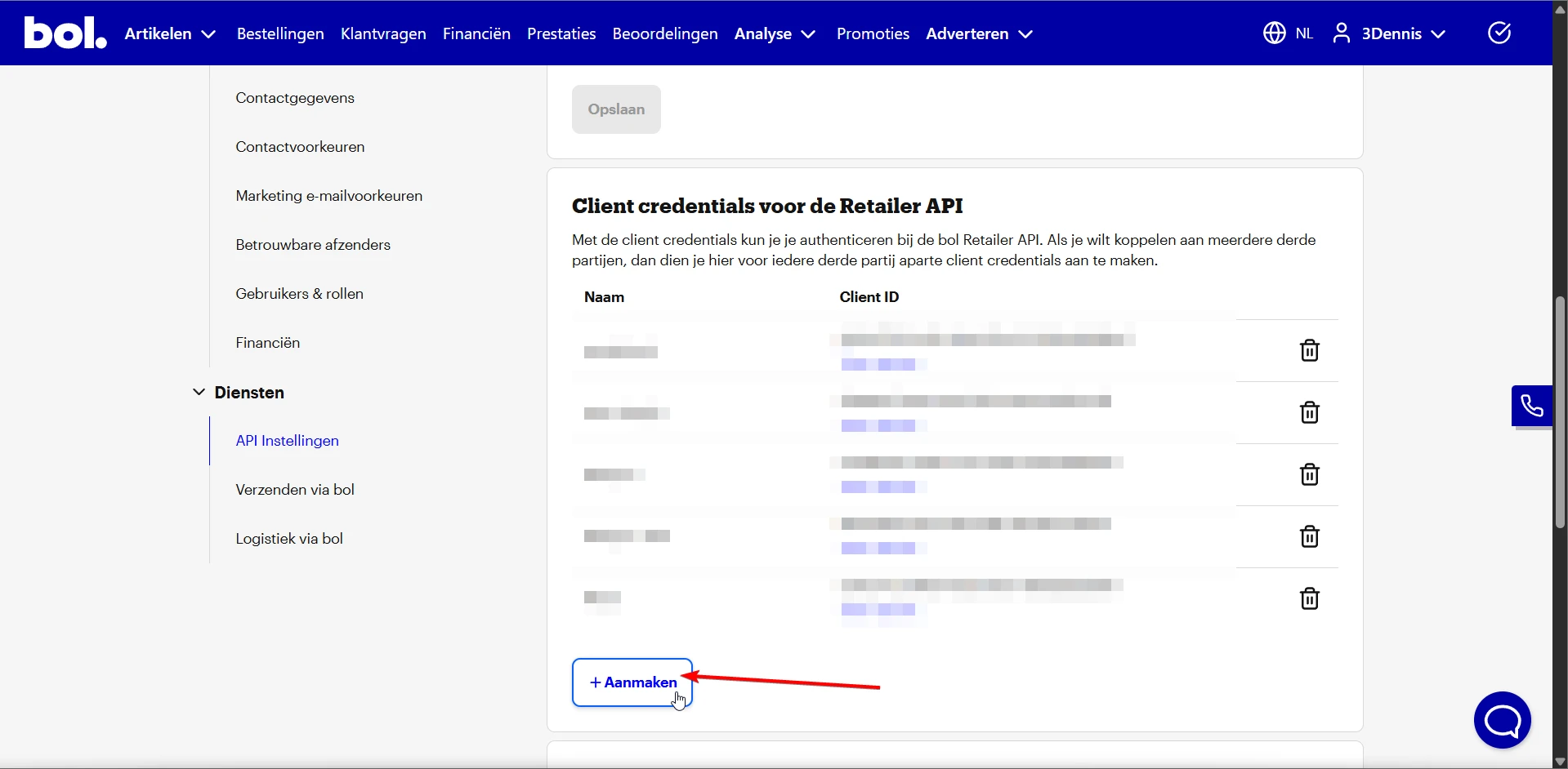 Client credentials sectie met Aanmaken knop