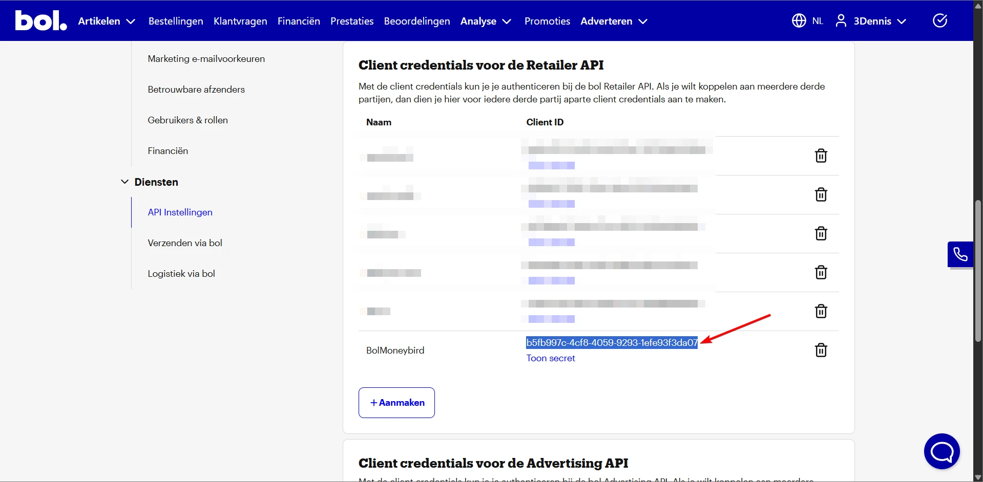 Aangemaakte API credentials met Client ID en Toon secret
