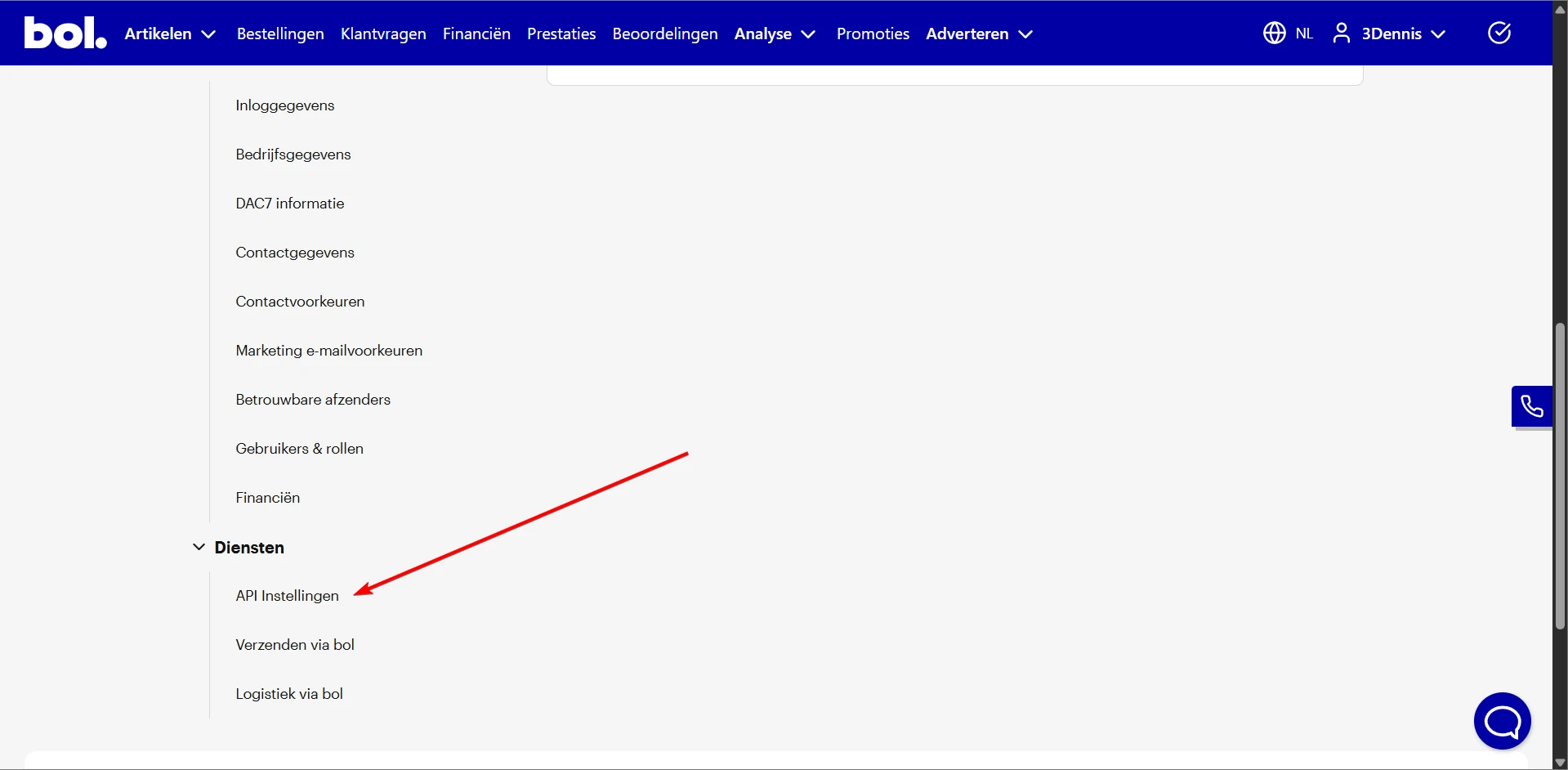 Instellingenpagina met API Instellingen link