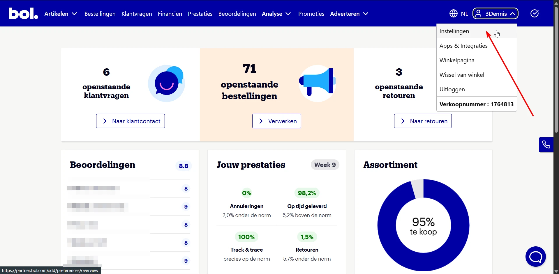 Bol.com dashboard met Instellingen dropdown