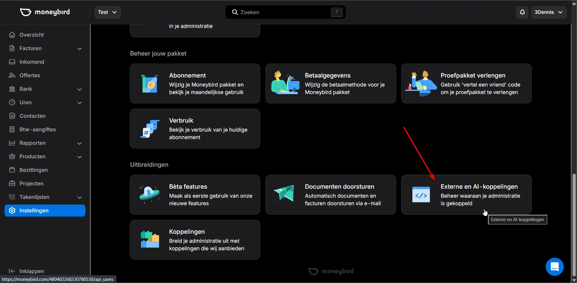 Instellingenpagina met Externe en AI-koppelingen