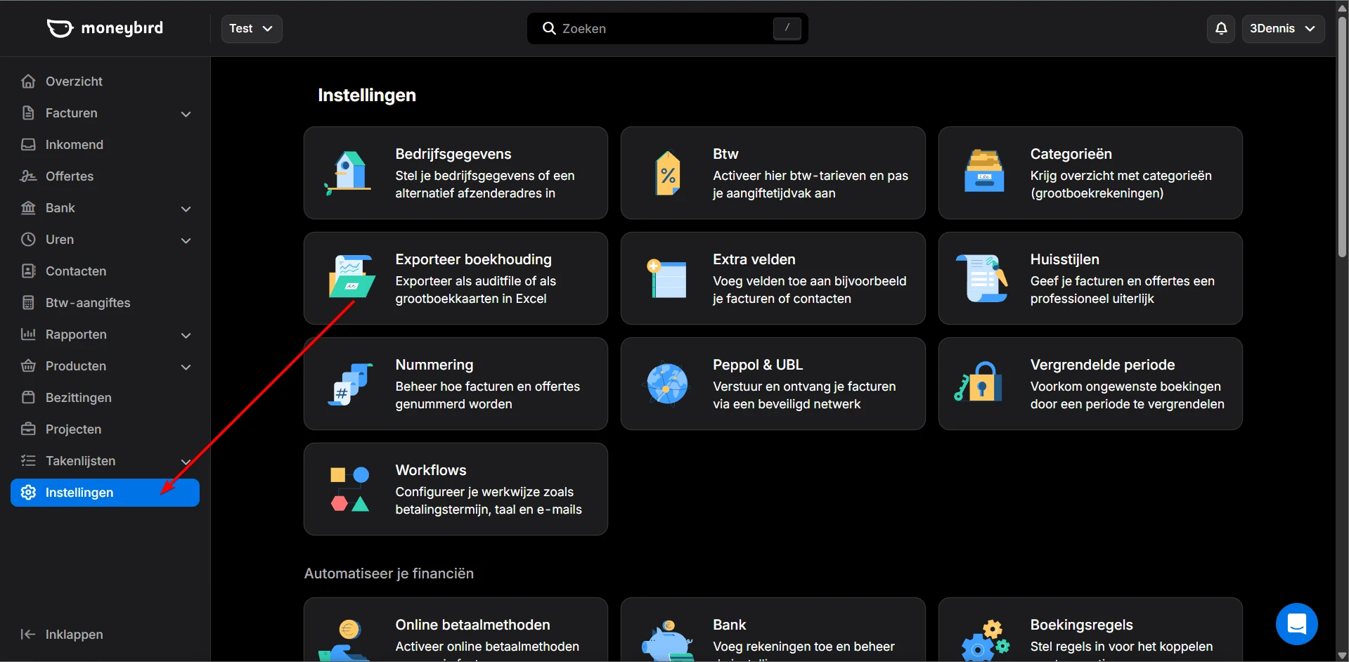 Moneybird zijbalk met Instellingen geselecteerd