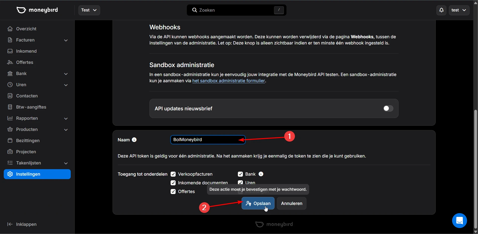 API token naam invullen en Opslaan klikken