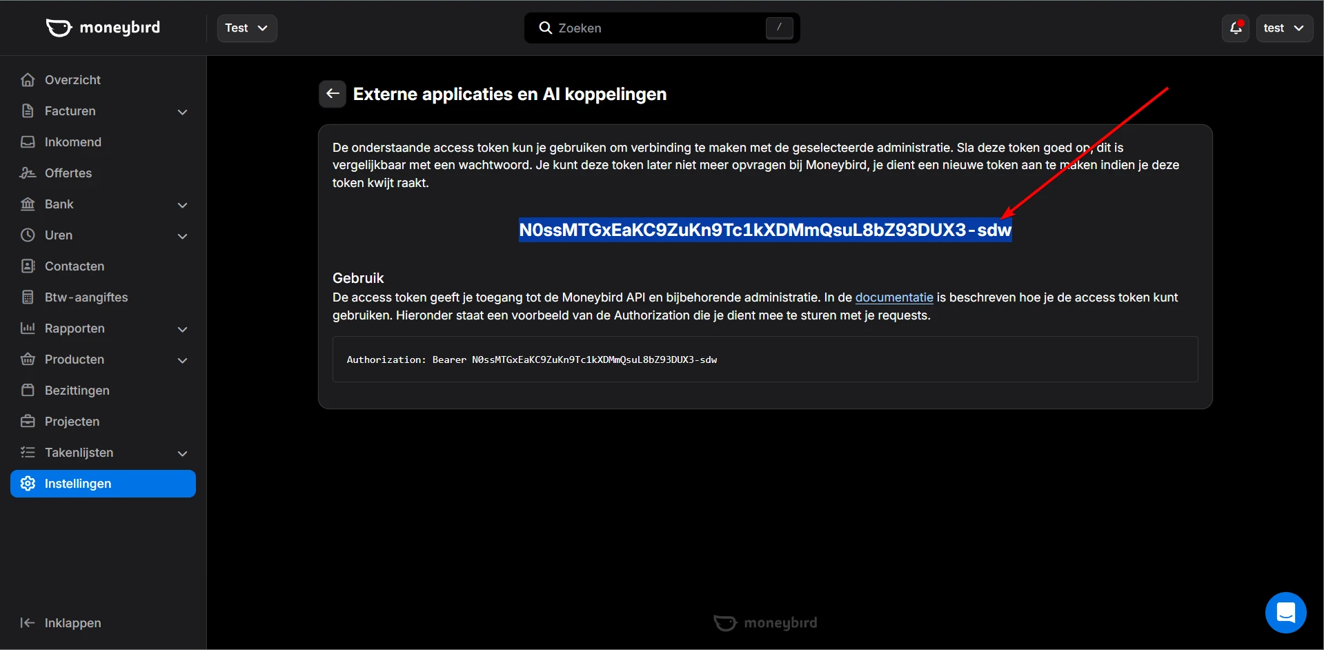 API token kopiëren na aanmaken